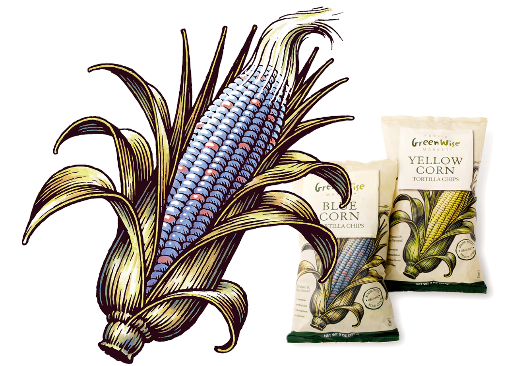 Woodcut style pen and ink with watercolor illustration for food packaging