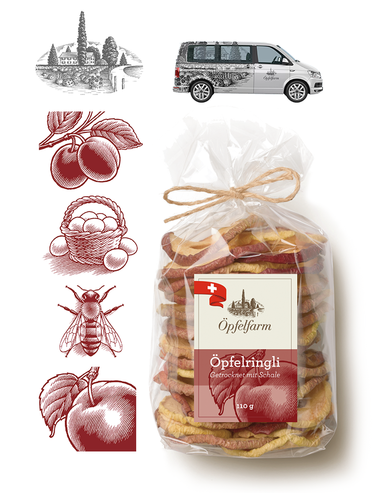 pen and ink illustration of a farm, of plums, of eggs in a basket and of a honeybee including a picture of the dried apples package and the company van with the logo illustraion